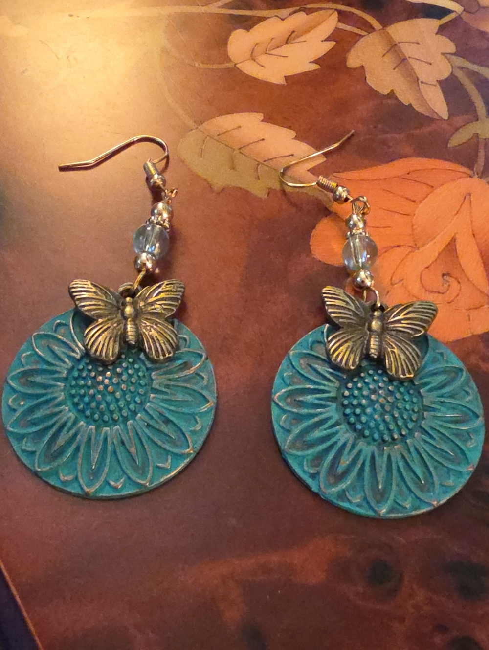 Boho Green Floral Butterfly Dangle Earrings
